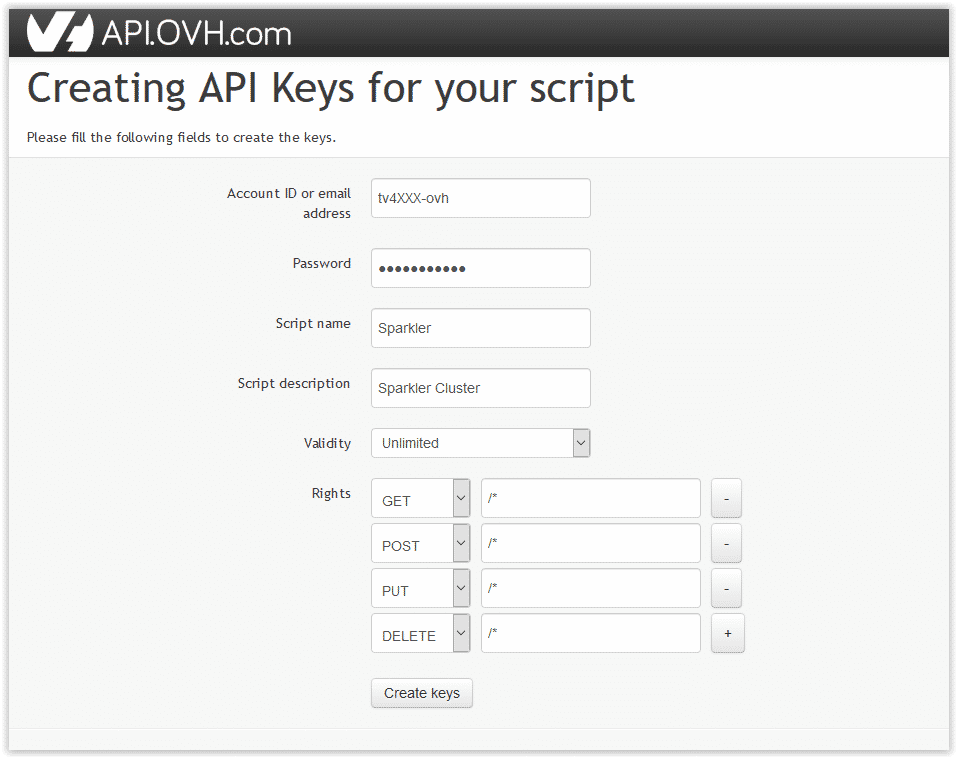 create keys for OVH API